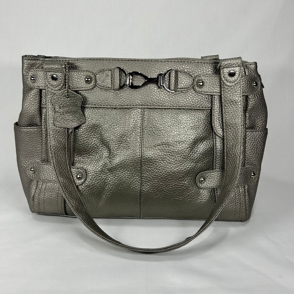 Vintage Metallic Pewter Leather Shoulder Bag – Y2K Silver Multi-Pocket Purse